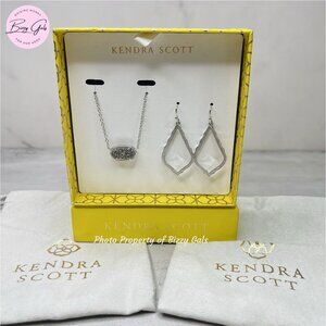 Kendra Scott Sophia Earrings & Elisa Necklace Rhodium Silver Platinum Drusy Set